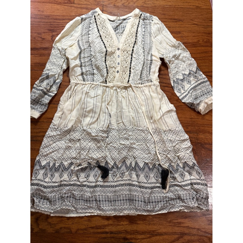 Anthropologie Floreat Boho Geometric Lace Trim Mini Dress Cream Black Size 6